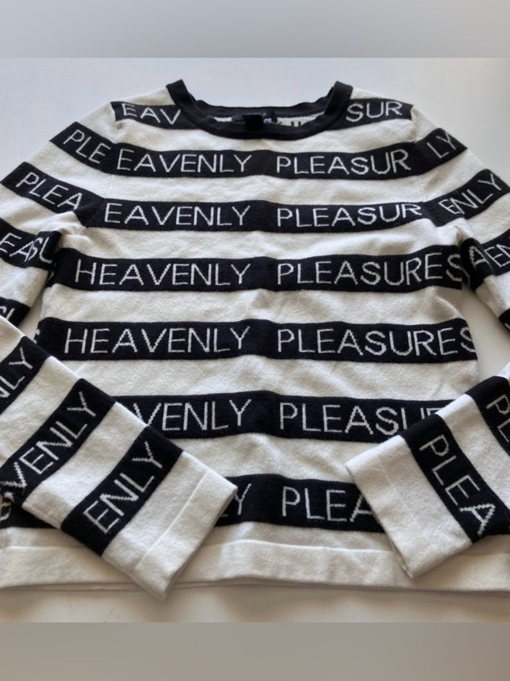 Forever 21 Heavenly Pleasure Striped Graphic Knit Crewneck Sweater White Black S